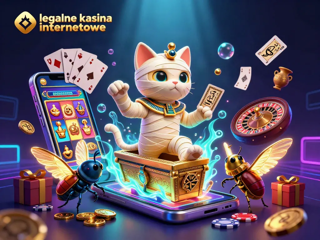 Play exciting games at legalne kasyna internetowe with a captivating scene of a 3D mummy cat and gaming elements.