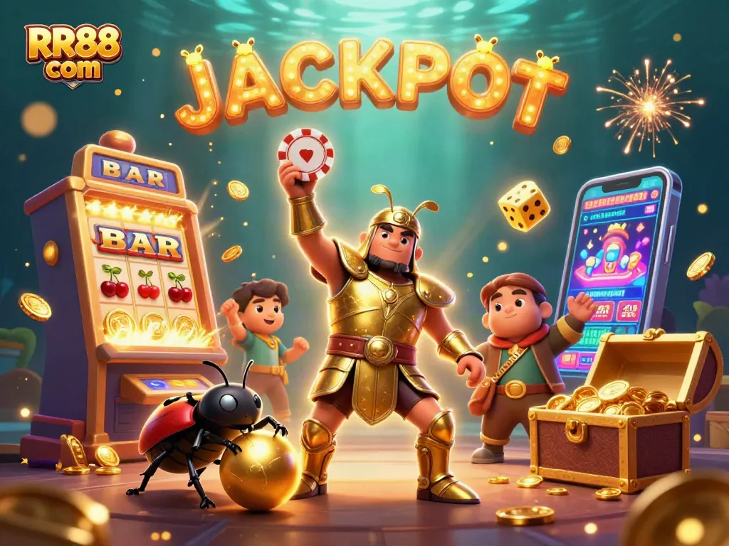 Experience thrilling wins at RR88 com with a 3D beetle championing a jackpot celebration in a vibrant casino scene.
