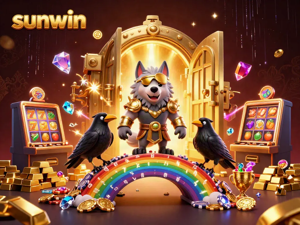 Play thrilling games at sunwin, featuring a vibrant 3D illustrated casino scene with unique Norse characters.