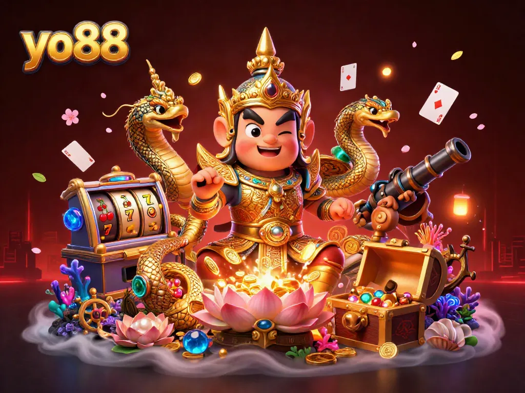 Experience the excitement of yo88 with vibrant casino elements in a captivating 3D scene.
