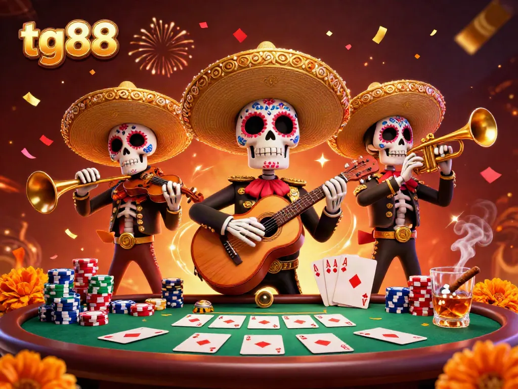 Experience the vibrant atmosphere of tg88 with a lively mariachi band amidst poker action and festive elements.