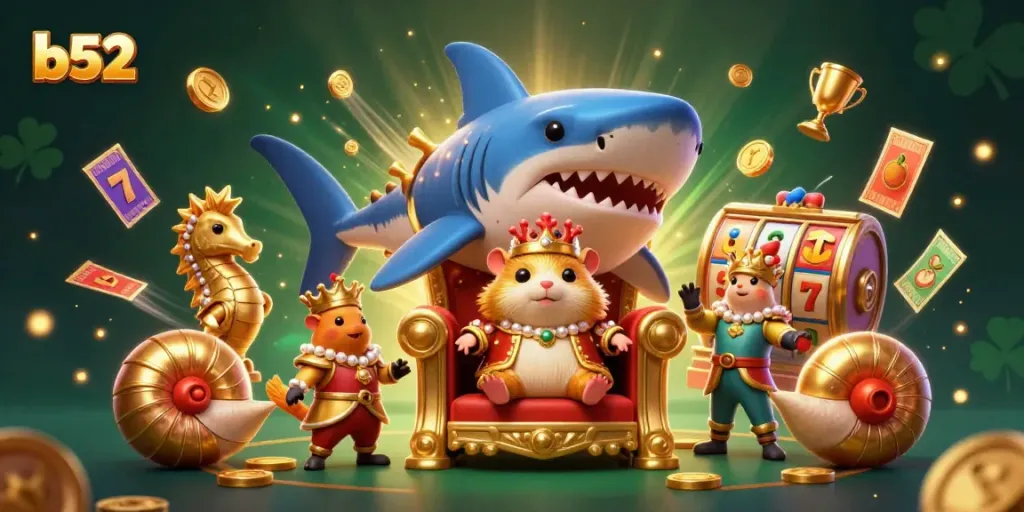 Engage in the vibrant world of b52 gaming with a golden hamster king amidst dynamic casino elements.