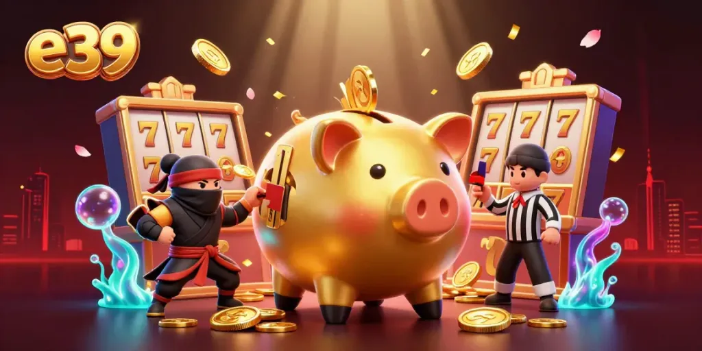 Experience the thrill of e39 as a golden piggy bank sumo wrestler unleashes gold coins amidst vibrant casino elements.