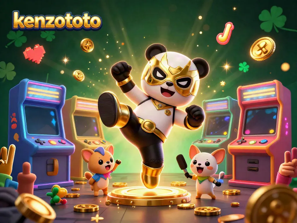 Experience engaging arcade gaming with kenzototo's dynamic scenes featuring colorful 3D characters and arcade elements.