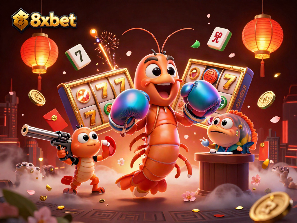 Experience excitement at 8xbet with vibrant 3D casino characters and elements depicting winning moments.