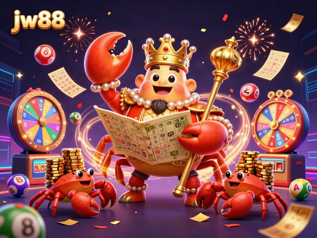 Experience thrilling gaming action at jw88 with our vibrant 3D casino illustration featuring a golden crab emperor.