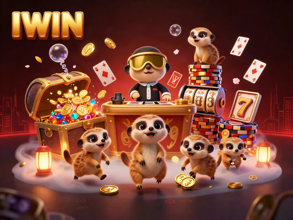IWIN casino scene with meerkats managing games and treasures amidst rich gaming elements.