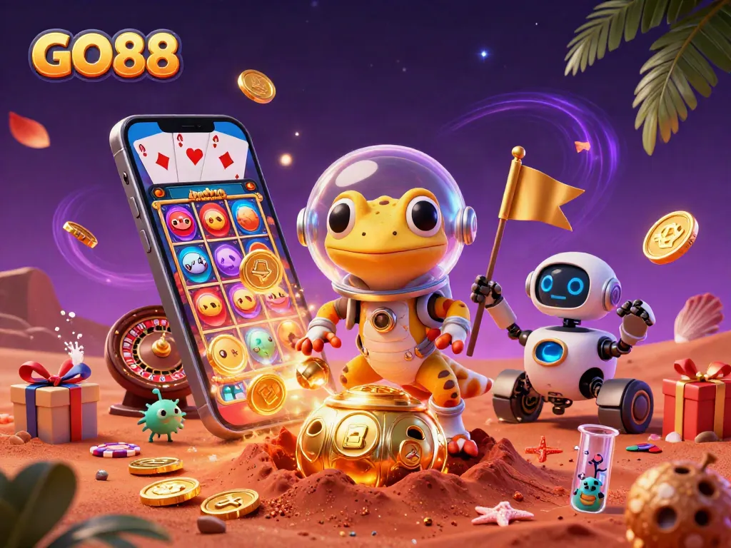 Experience winning with GO88 in this vibrant 3D casino scene full of excitement and gaming action.