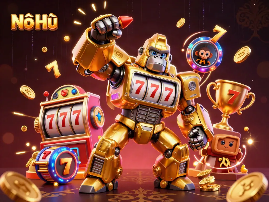 Nổ Hũ features a dynamic scene with a golden transformer gorilla mech and engaging slot elements for aspiring gamblers.