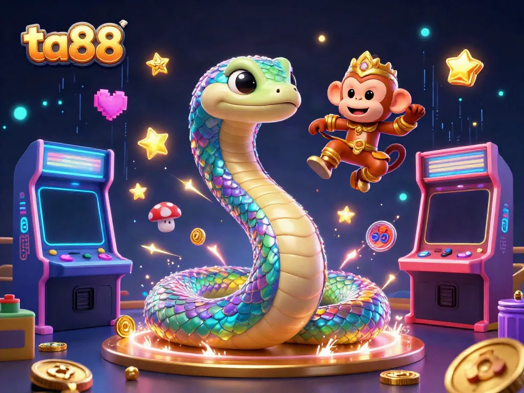 Engage with the vibrant ta88 gaming universe featuring a colorful scene of enchanted characters and arcade machines.