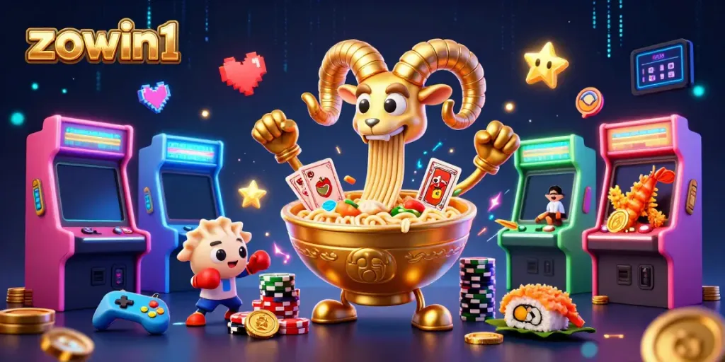 Play and win with zowin1 at this vibrant casino-themed illustration featuring diverse characters.