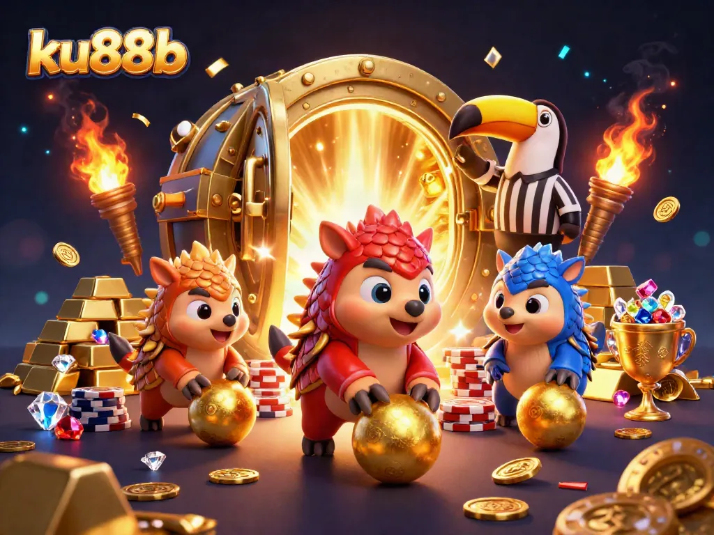 Bowling pangolins celebrate wins at ku88b casino with poker chips and golden treasures.