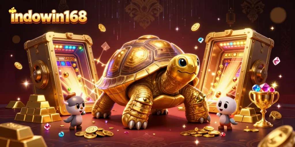 Join the excitement at indowin168 with a colossal golden tortoise pinball machine amidst piles of treasure.