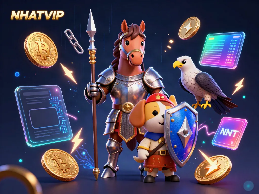 NhatVIP casino experience showcasing a knight and puppy amidst glowing crypto elements and vibrant colors