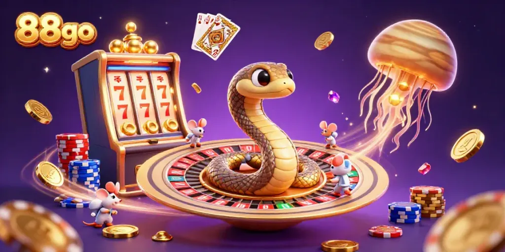 Engage with 88go's vibrant cosmic casino scene featuring a Saturn ring snake as a roulette wheel.