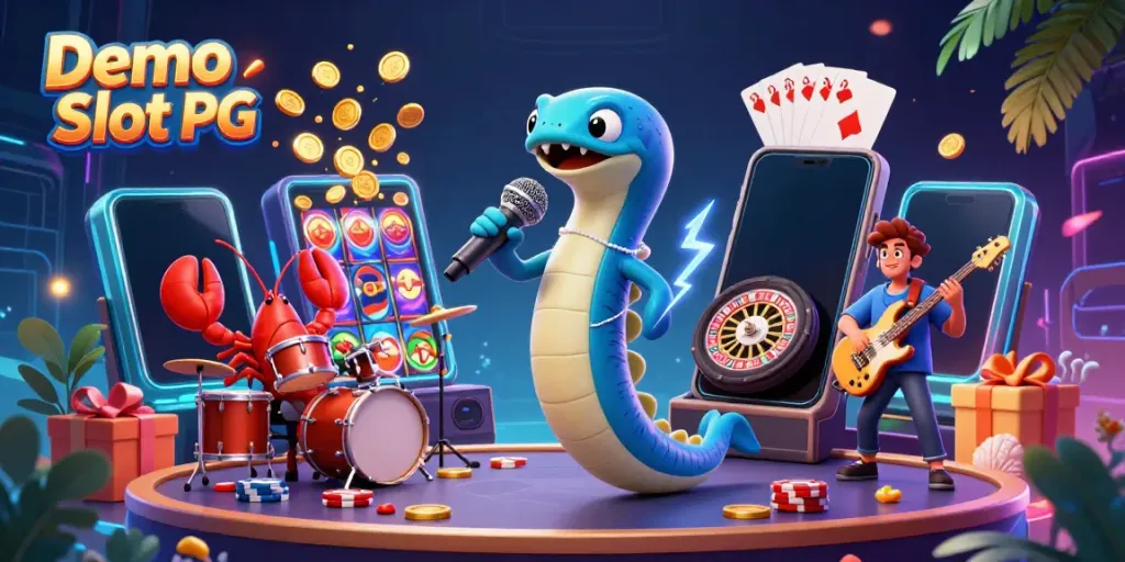Engage with Demo Slot PG featuring a vibrant underwater casino scene with a DJ electric eel and exciting gaming elements.
