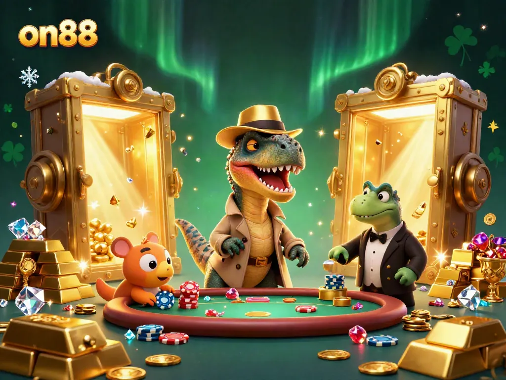 Experience thrilling gaming with on88 at a vibrant casino scene featuring animated characters.