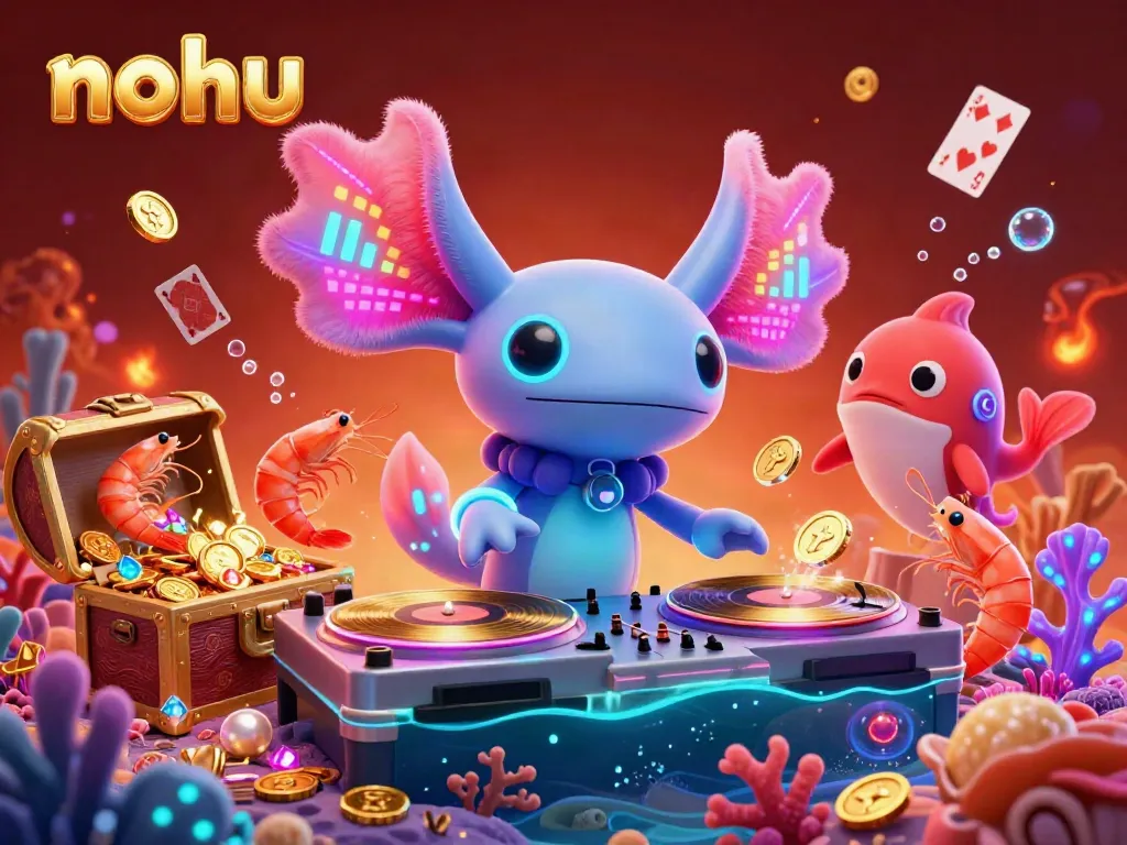 Nohu gaming scene with vibrant characters and treasures celebrating casino gameplay action.