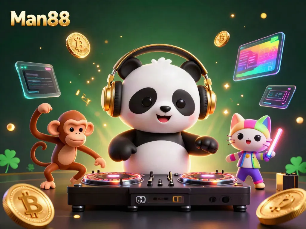 Experience thrilling gaming with Man88's vibrant casino-themed scene featuring a DJ panda spinning roulette.