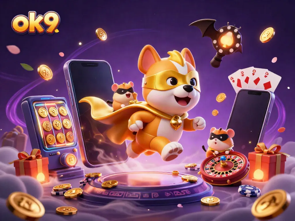 Engage with OK9's thrilling gaming adventures featuring a superhero dog and hamster soaring above vibrant casino elements.