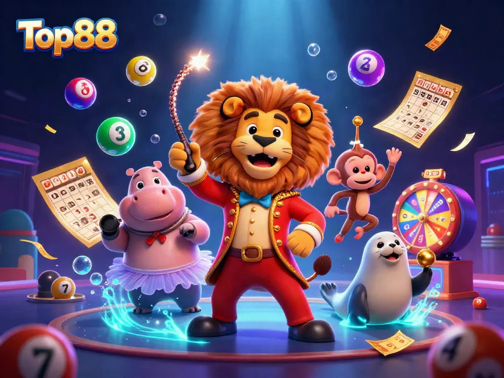 Engage in exciting lottery gaming with Top88 in a colorful circus-themed illustration