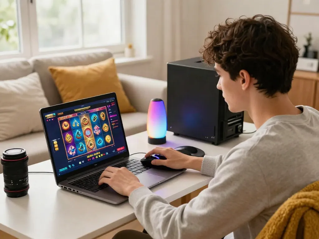 Young adult engaged in playing slot777 online game on a laptop in a cozy home environment, showcasing colorful game interface and gaming accessories.
