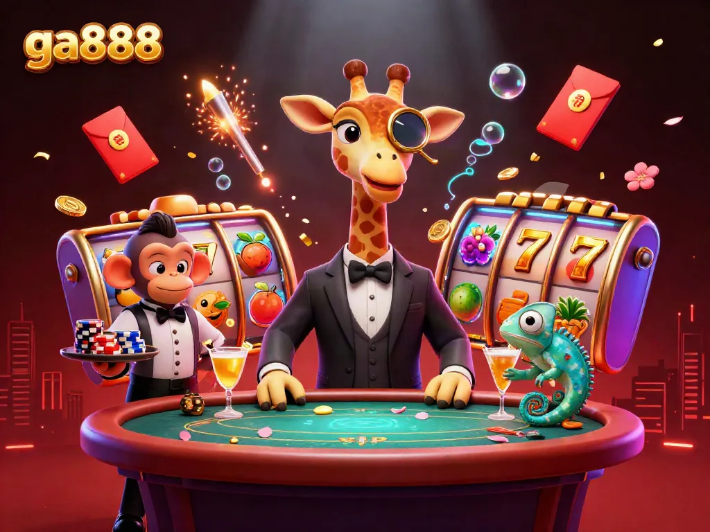 Engage in thrilling action at ga888 with a luxurious casino scene featuring a high roller giraffe and enchanting game elements.