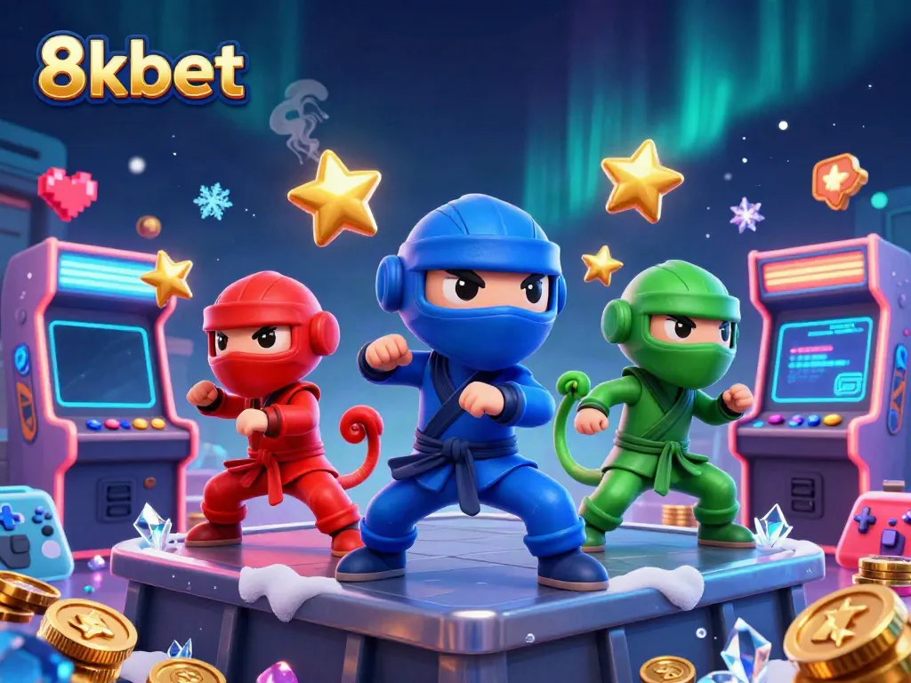 Experience the excitement of 8kbet with our ninja chameleon team in a dynamic casino-themed scene.