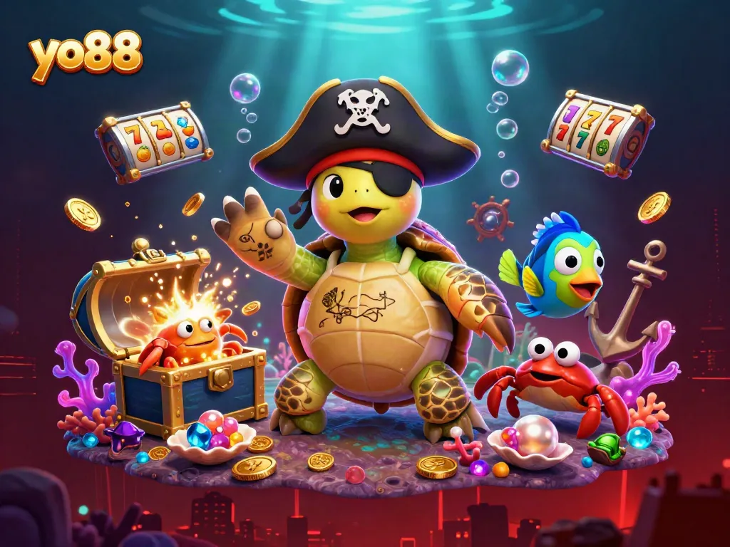 Engage in thrilling gameplay with yo88 featuring a pirate turtle, crab, and parrotfish amidst exciting casino elements.