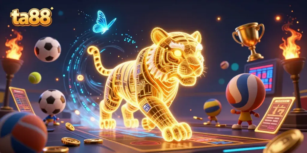 Engage with thrilling games at ta88, featuring a vibrant casino scene with sports elements and golden visuals.