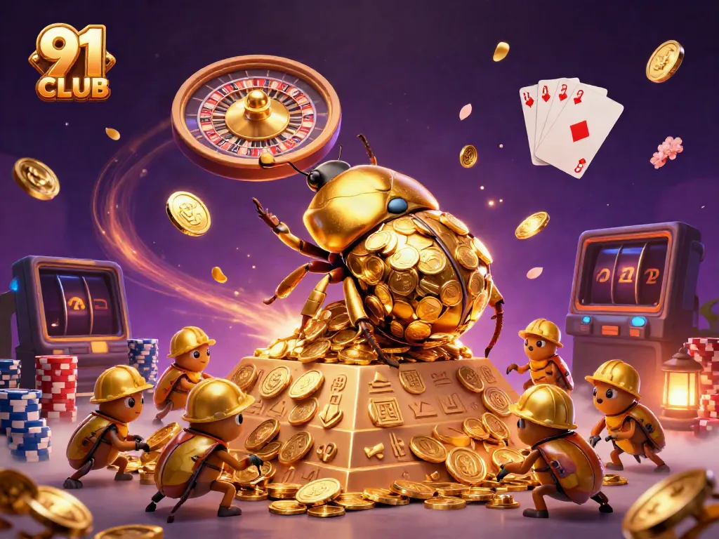Experience thrilling gameplay at 91 CLUB as golden beetles roll coins in a vibrant casino scene.