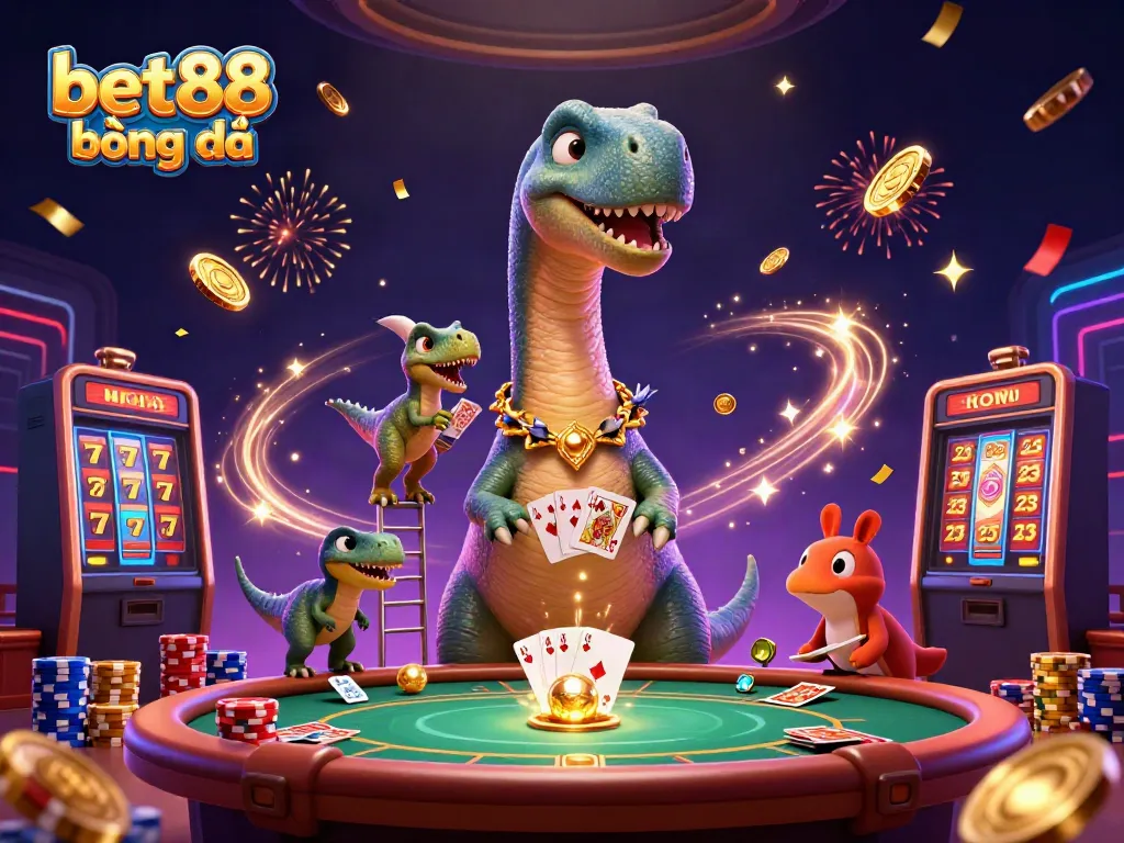 Experience thrill with BET88 bóng đá in a vibrant 3D casino scene featuring dinosaurs and dynamic game elements.