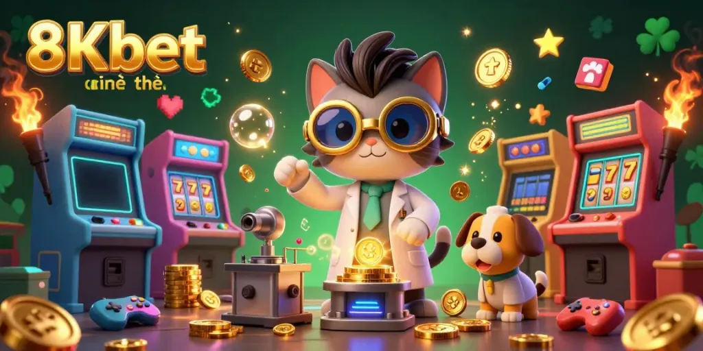 Experience the excitement of 8Kbet chính thức with dynamic casino illustrations featuring iconic game elements.