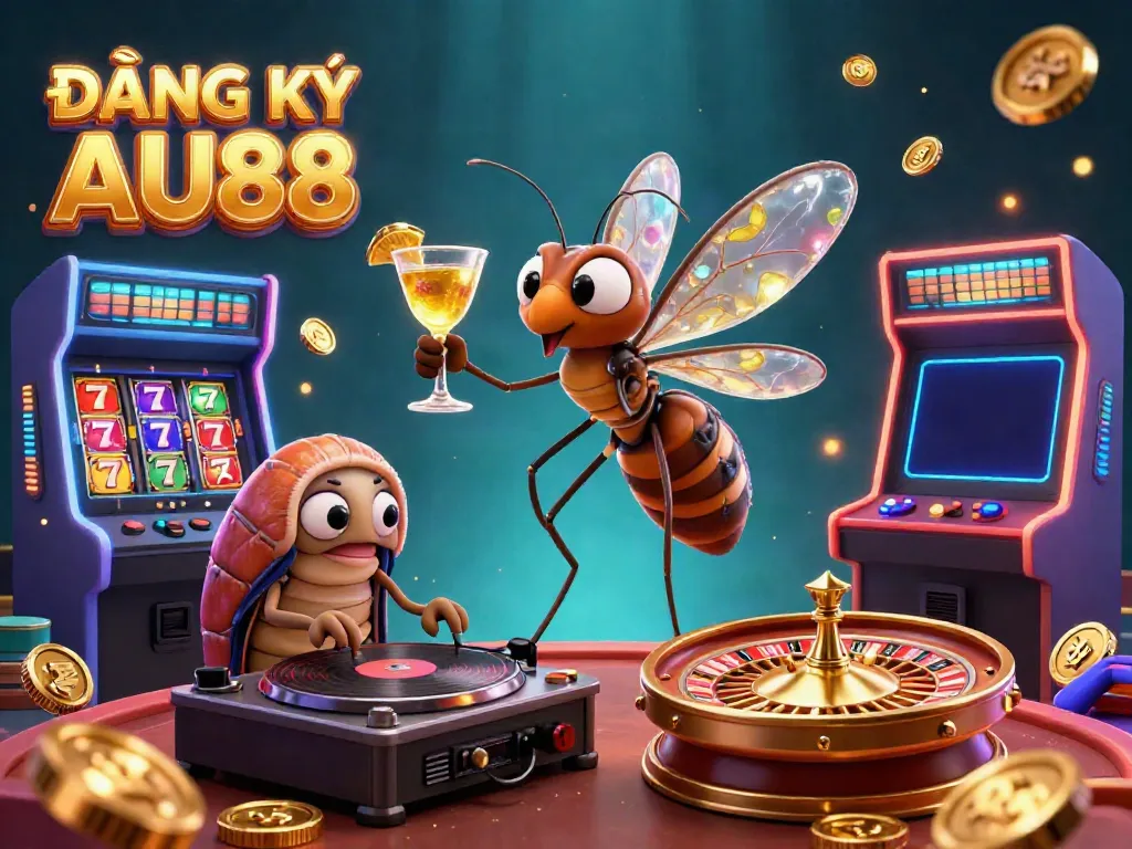 Engage in ĐĂNG KÝ AU88 with a vivid 3D casino scene, featuring a unique mosquito mascot and dynamic gaming elements.