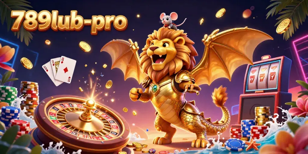 Experience the excitement of 789lub-pro with a vibrant casino scene featuring golden coins and dynamic gaming elements.