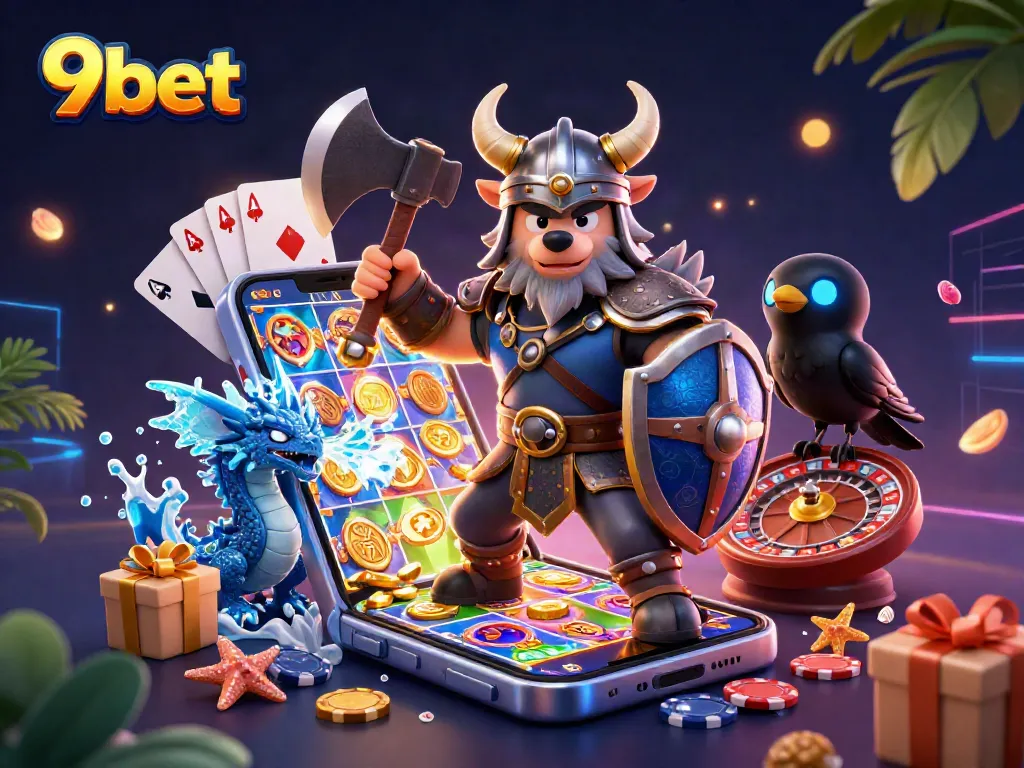 Engage with the dynamic 9bet casino scene showcasing colorful slot reels and characters in action.