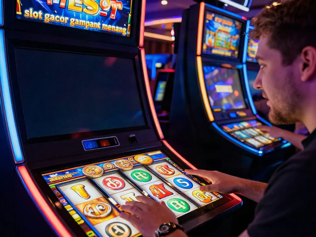 Player engaging with slot gacor gampang menang game in vibrant online casino.