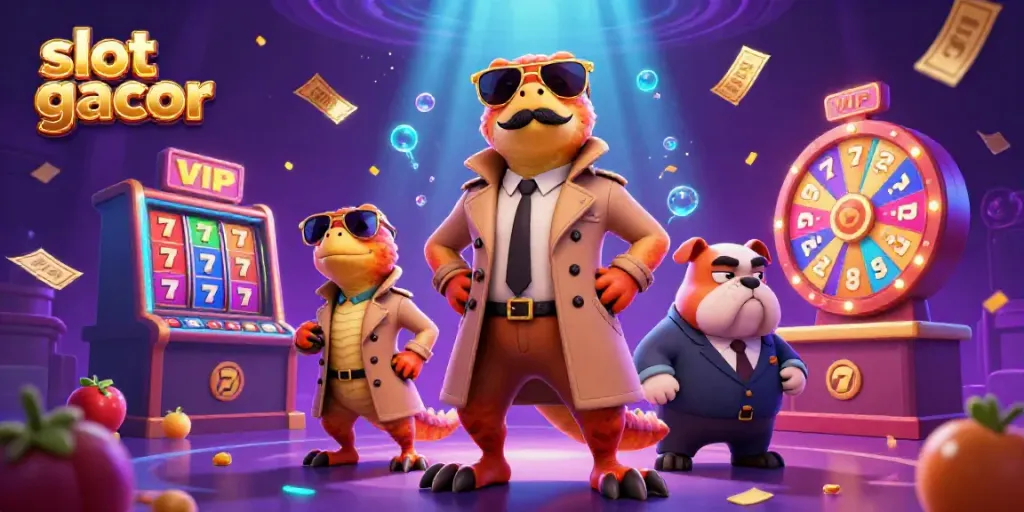 Raptor bertiga dalam jas mencoba memasuki lounge VIP kasino dengan elemen slot gacor yang meriah.