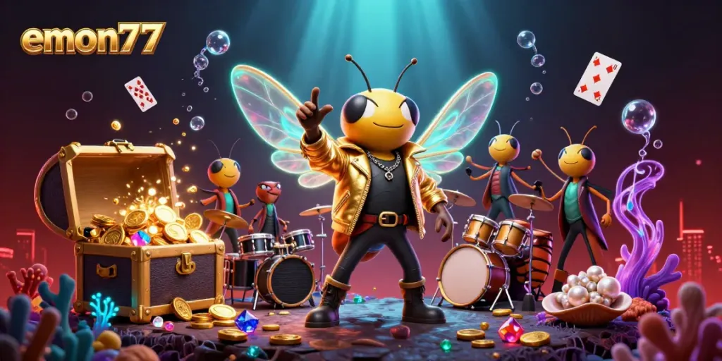 Experience the thrill of emon77 with a vibrant rock star scene packed with casino elements and winning visuals.