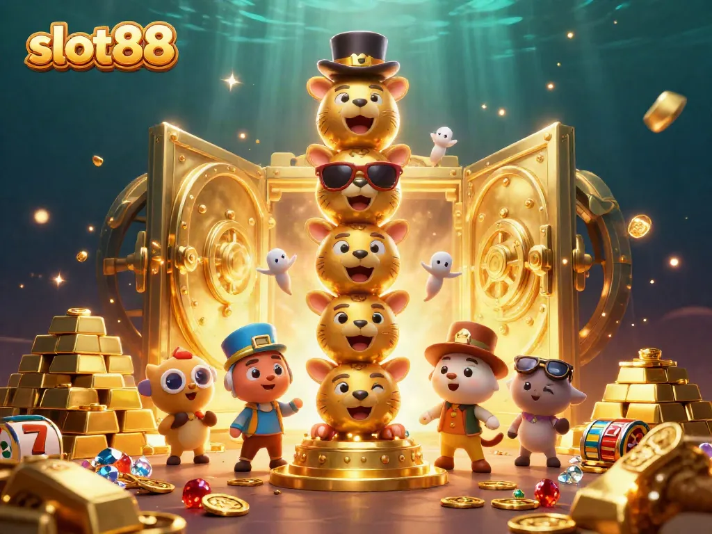 Slot88 menghadirkan kemewahan di kasino digital dengan simbol keberuntungan dan goresan emas.