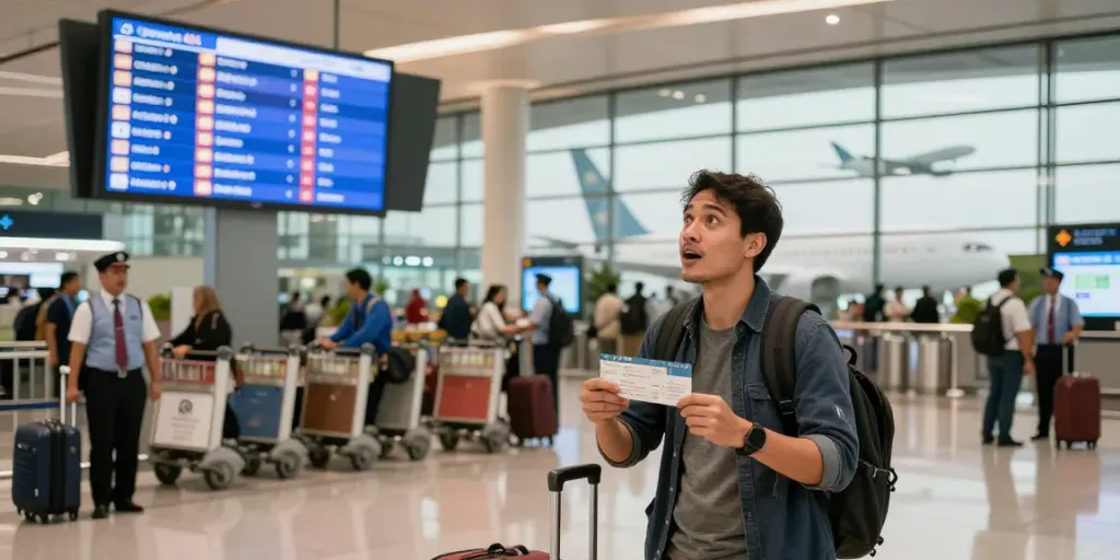 Traveler at airport terminal checking garuda 404 flight information with excitement.