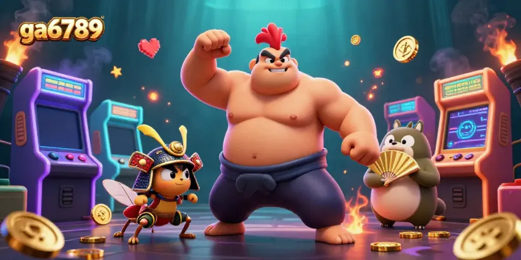 Experience exhilarating action at ga6789 with a lively sumo rooster and fierce cricket in a dynamic casino scene.