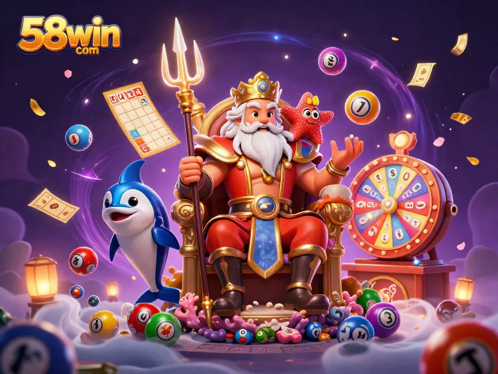 Experience the thrill of 58win com with a vibrant lottery scene featuring Neptune, colorful balls, and dynamic gaming elements.