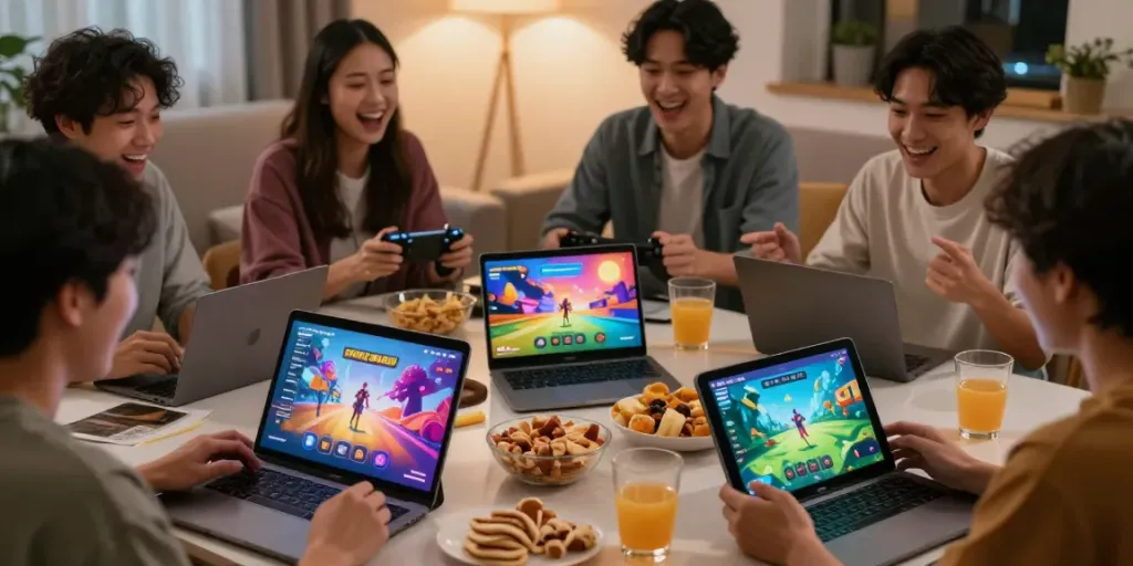 Kilat404 gaming platform scene featuring friends playing games in a cozy living room.