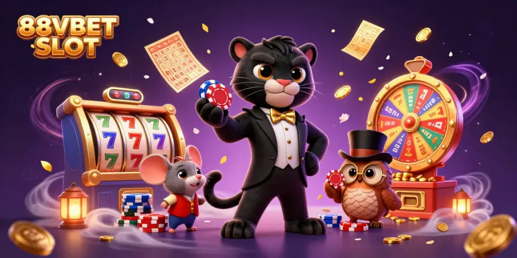 Win big with 88VBET SLOT featuring a panther dealing cards and colorful slot elements.