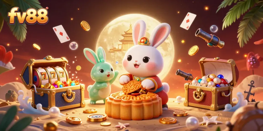 Engage with fv88’s thrilling slot experience through this vibrant moonlit casino illustration.