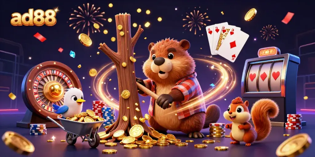 Ad88 celebrates big wins with a beaver, a bird, and a squirrel amidst cascading coins and poker games.