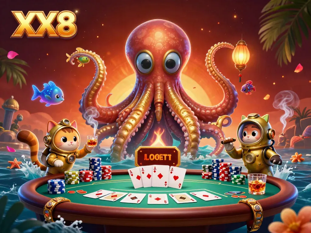 Engage in exhilarating poker action with the dynamic XX8 kraken, diving cat, and deep-sea fish.
