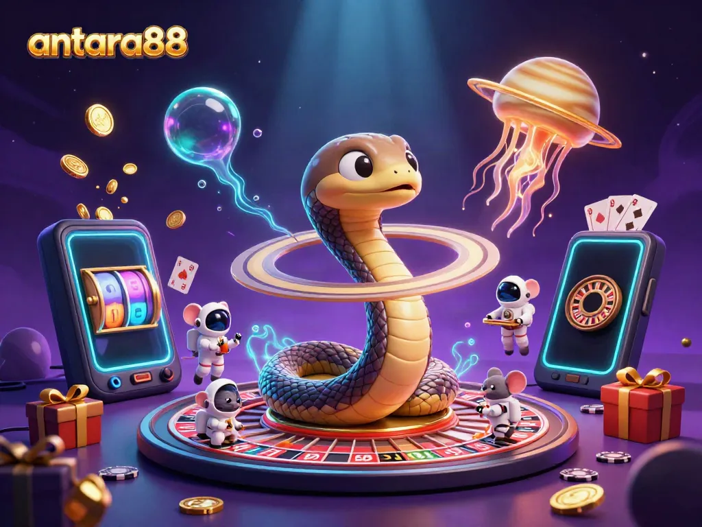 Experience thrilling gameplay with antara88 and cartoon characters engaging in cosmic gambling.