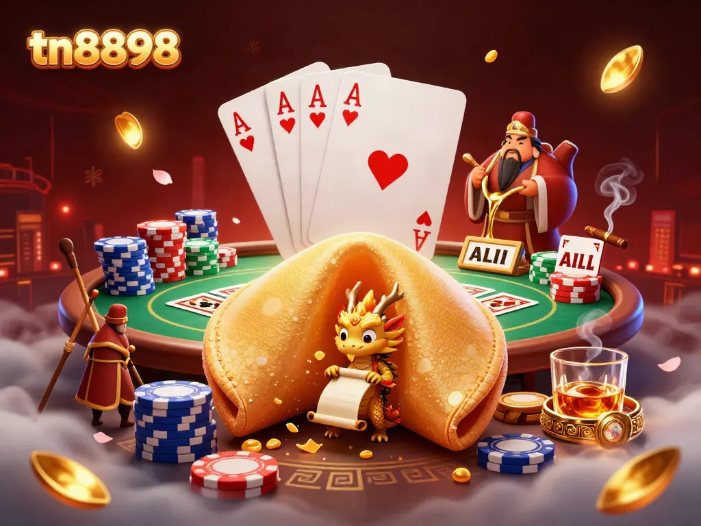Engage with tn8898 and win at this vibrant casino scene featuring a golden fortune cookie and poker elements.